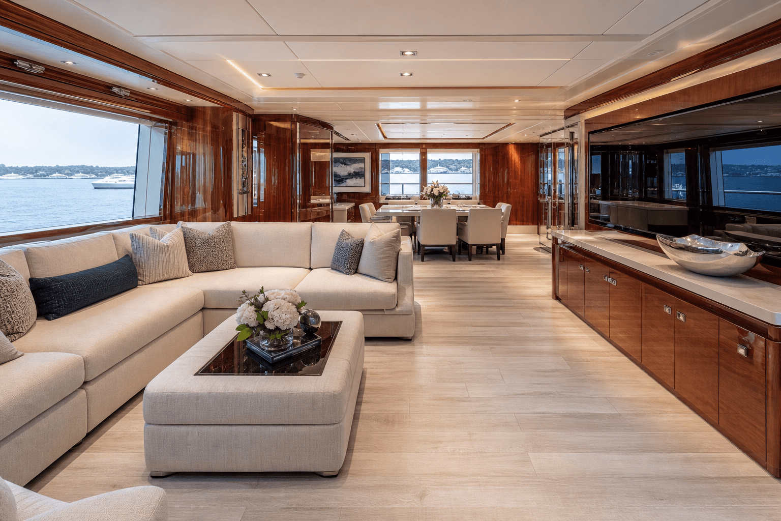 Freshly cleaned yacht salon after interior renovation and refit work