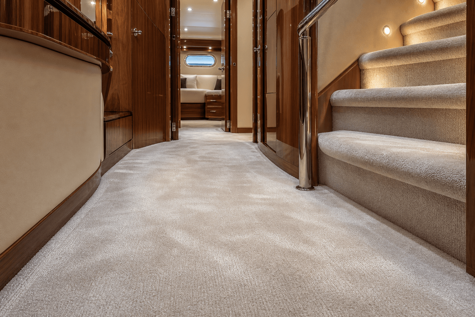 Clean yacht interior carpet and companionway stairs after carpet extraction