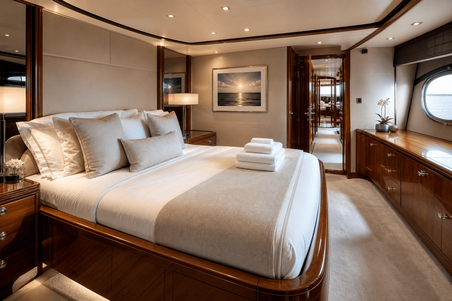 Guest-ready yacht cabin with fresh linens for an interior cleaning checklist