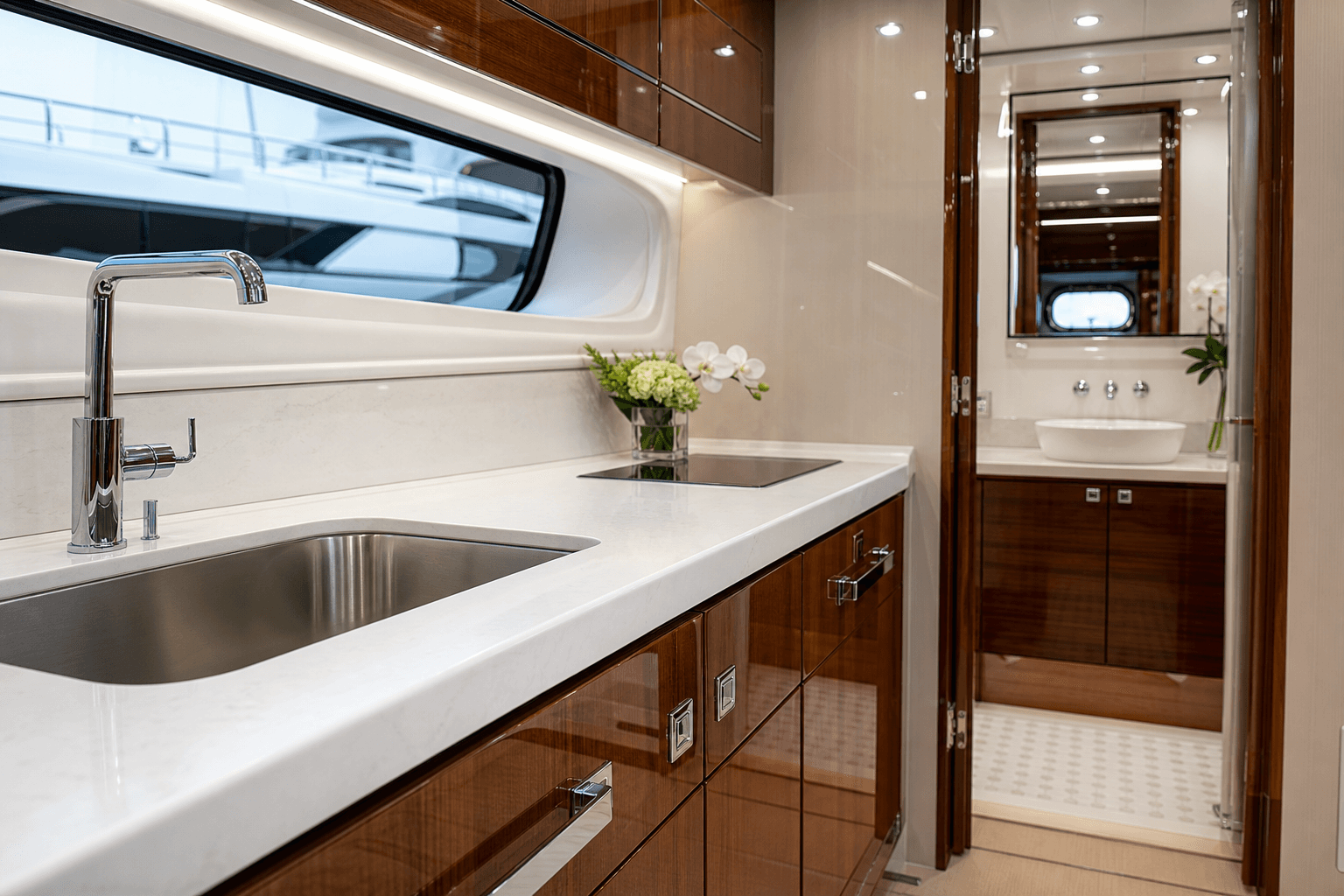 Clean yacht galley and high-touch fixtures prepared for surface sanitizing