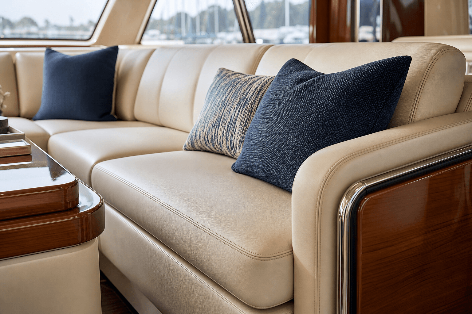 Clean yacht salon leather upholstery and cushions after interior care