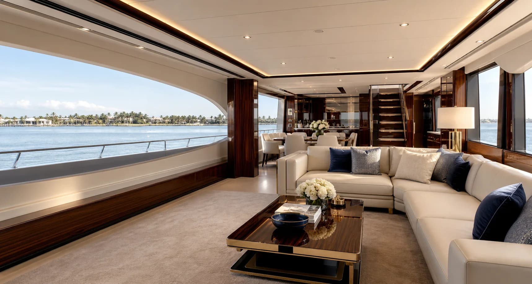 Spotless luxury yacht salon interior prepared for guest arrival
