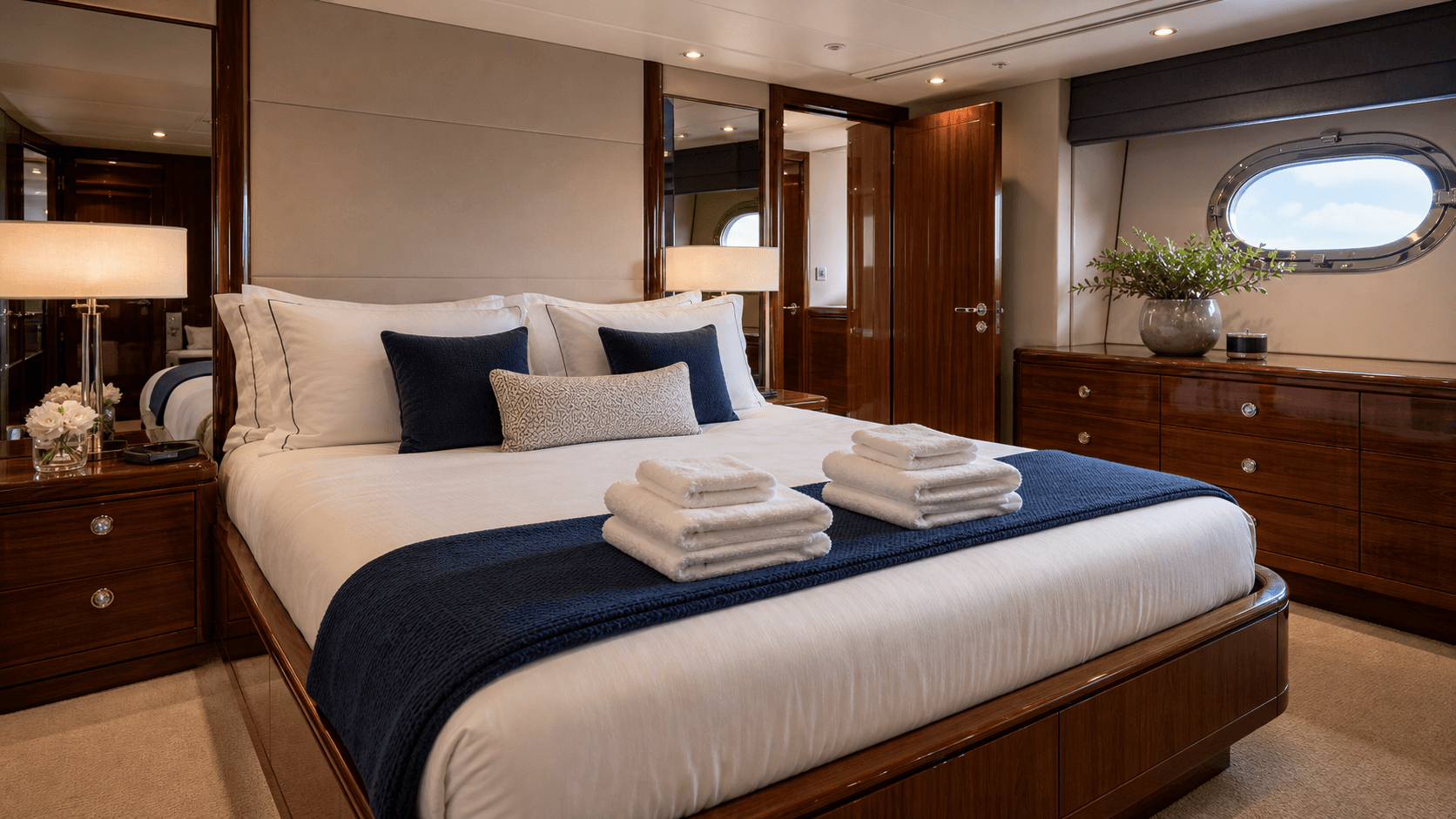 Luxury yacht guest cabin with fresh linens and staged towels