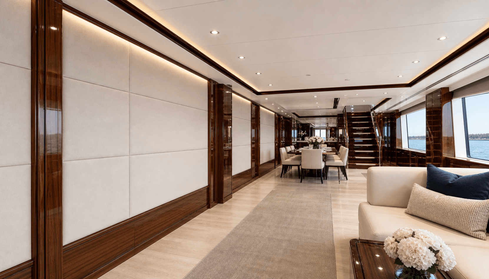 Clean yacht interior ceiling panels walls and floors in a guest-ready corridor