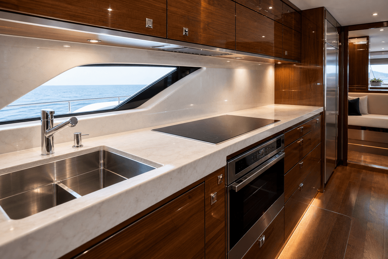 Immaculate yacht galley kitchen with clean counters and appliances